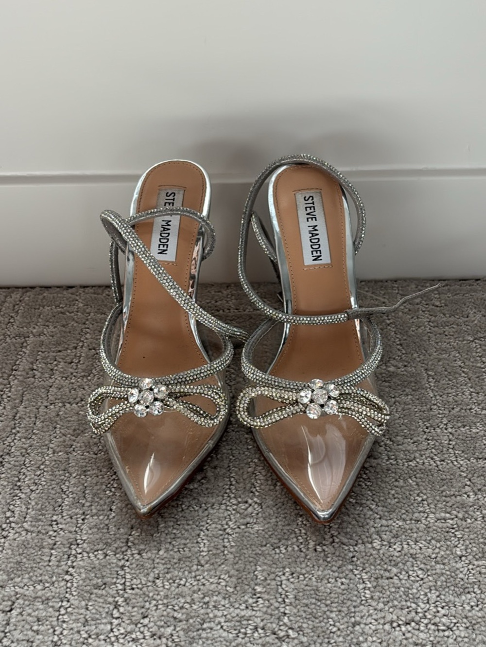 Steve Madden Silver Rhinestone Bow Strappy Pointed Heels